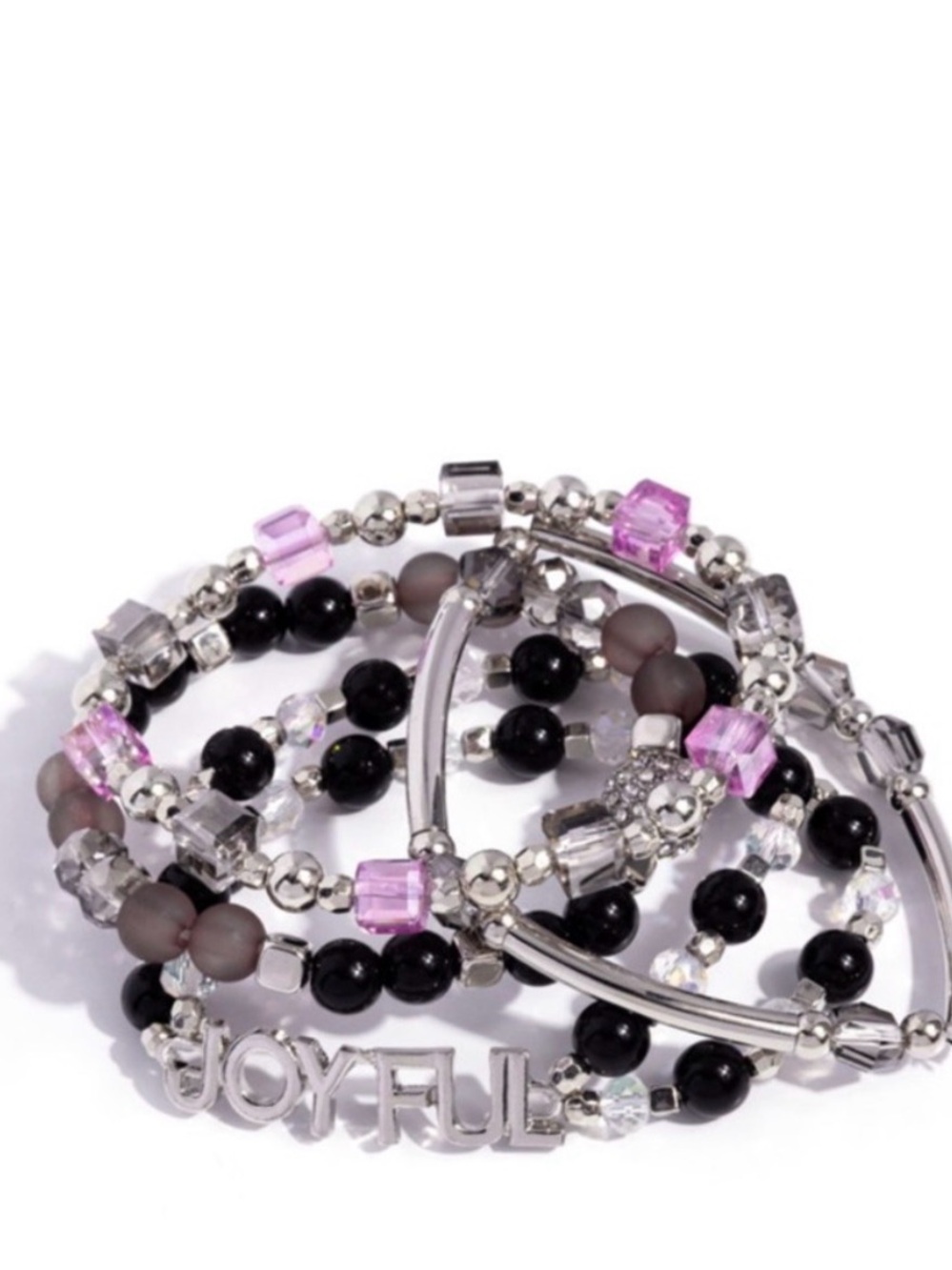 B-38 Multi-Strand Joyful Beaded Bracelet - Pink, Black & Silver